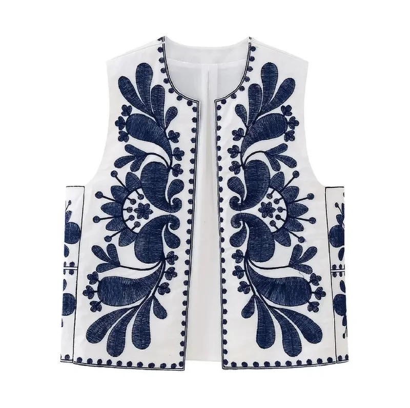 Blue Boho Floral Embroidered Vest