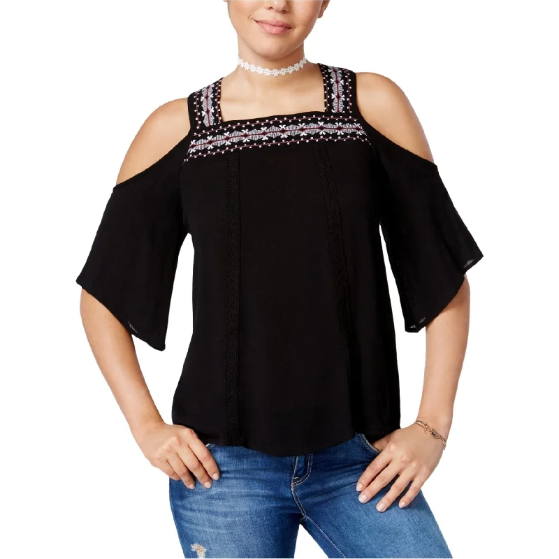 Crave Fame Womens Embroidered Cold-Shoulder Pullover Blouse, Black, Medium