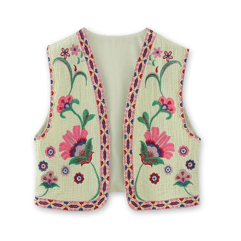 Green Blooms Boho Floral Embroidered Vest