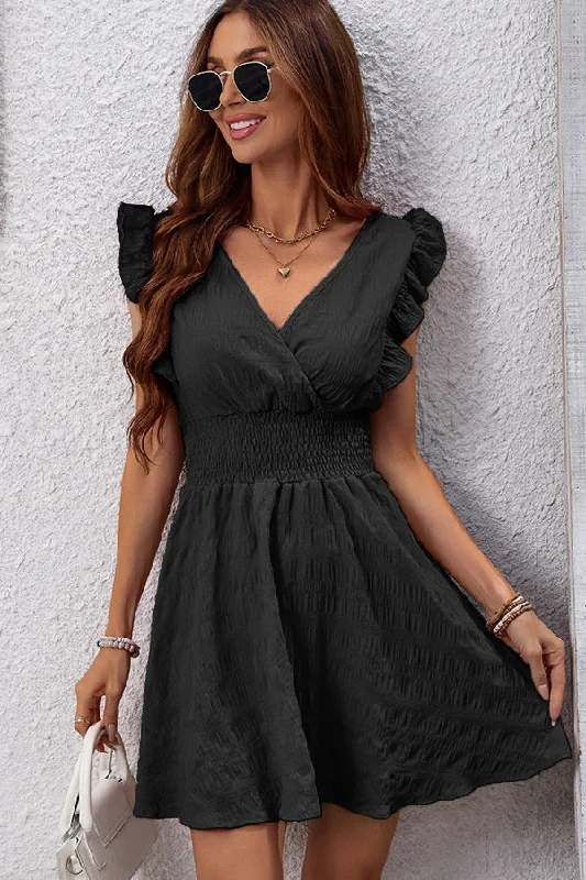 Solid Black V Neck Ruffle Sleeve Mini Dress