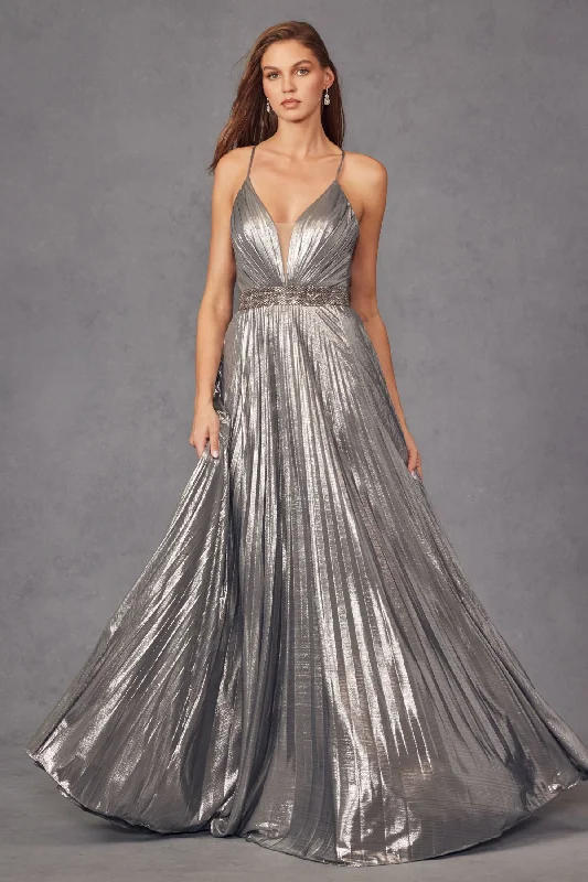 Juliet 226 Long Formal Pleated Metallic Prom Dress