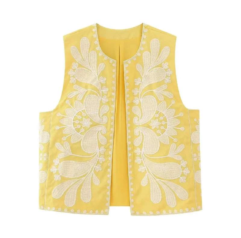 Yellow Boho Floral Embroidered Vest