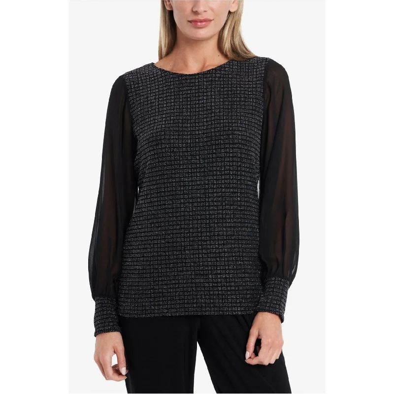 Vince Camuto Womens Sparkle Knit Chiffon Pullover Blouse, Black, Small