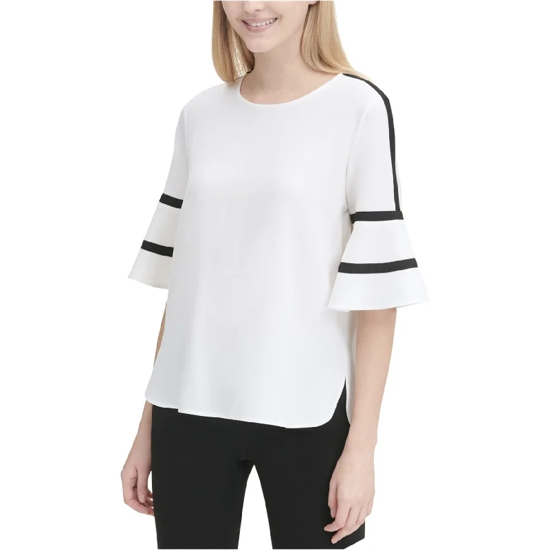 Calvin Klein Womens Flare with Piping Pullover Blouse, White, Small