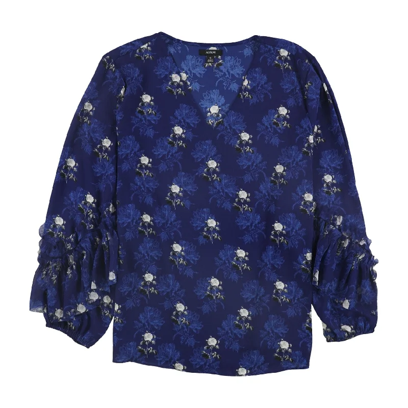 Alfani Womens Ruffle Sleeve Pullover Blouse, Blue, Large