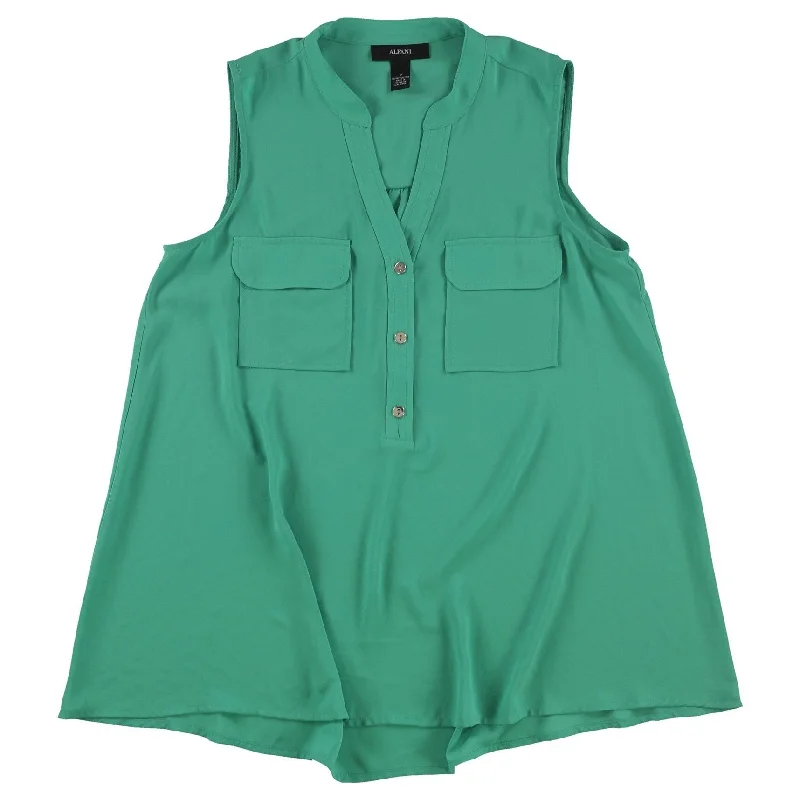 Alfani Womens Flap Pocket Pullover Blouse, Green, 2