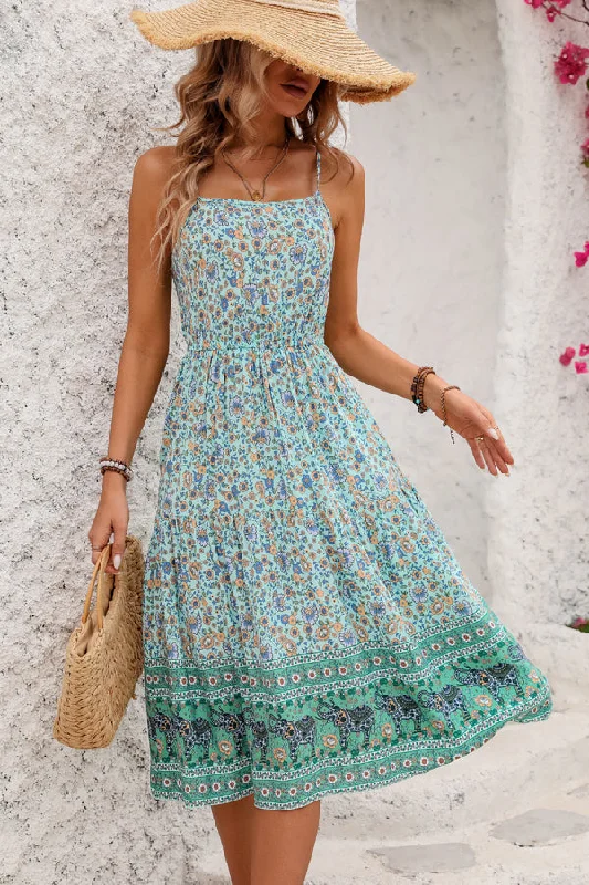 Fashion High Waist Floral Print Midi Dress