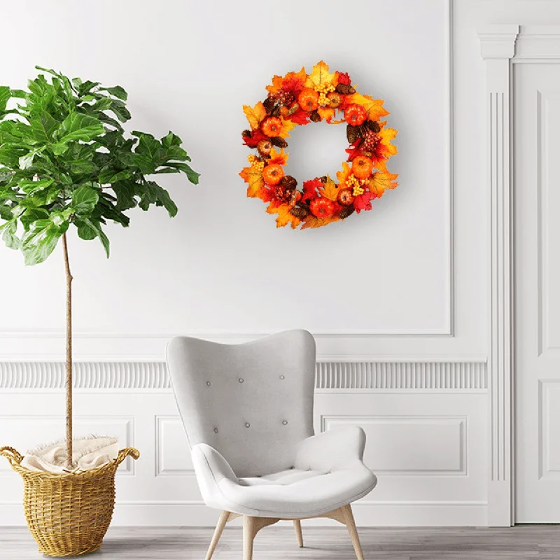 Halloween Artificial Pumpkin Wreath Autumn Color Harvest Maple Leaf LED Light String Door Garland Decor