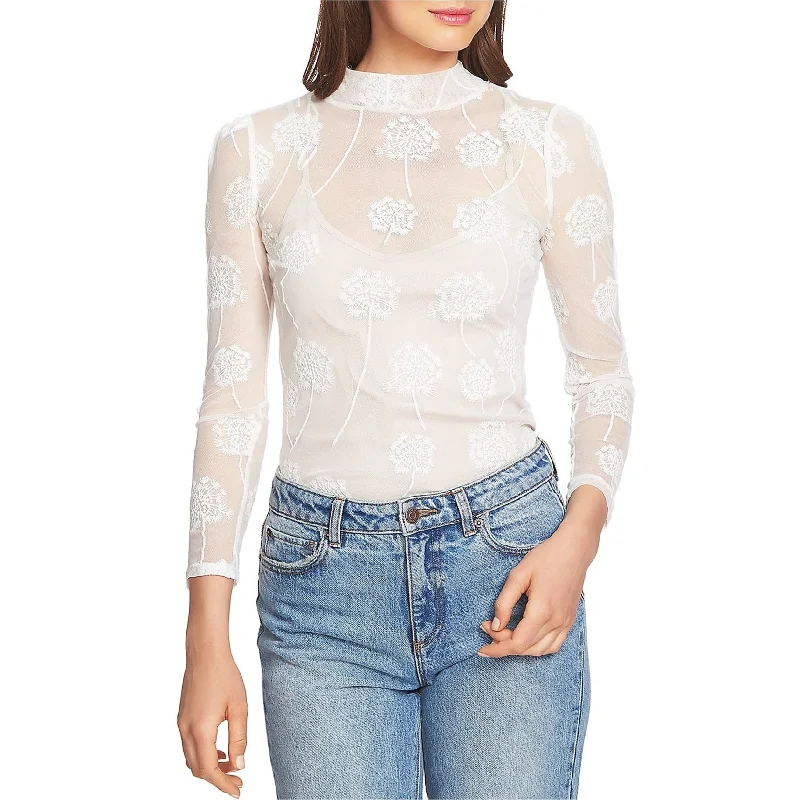 1.STATE Womens Sheer Embroidered Pullover Blouse, White, Medium