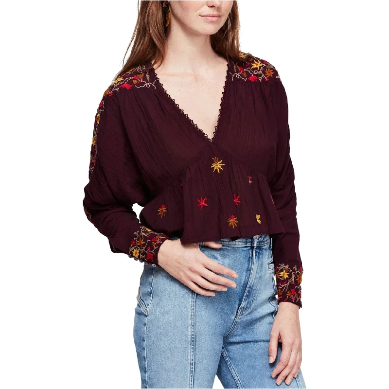 Free People Womens Embroidered Pullover Blouse, Purple, Small