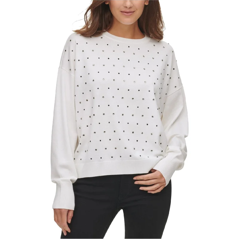 DKNY Womens Embellished Pullover Sweater, Off-White, XX-Small