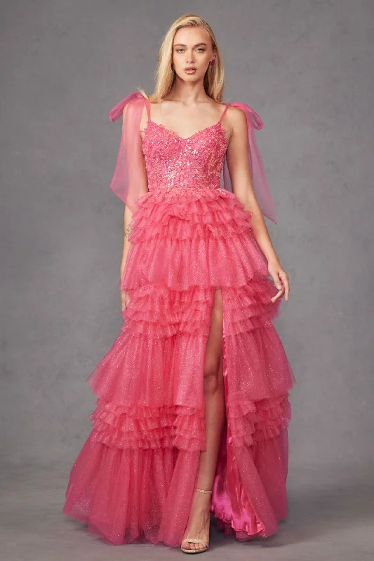 Juliet JT2465A Long Ruffle Skirt Formal Prom Gown