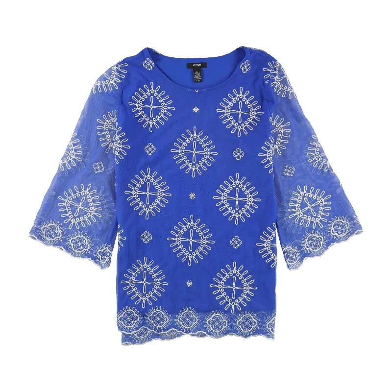 Alfani Womens Embroidered Pullover Blouse, Blue, Large