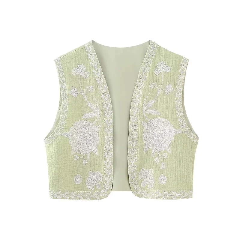 Sage Blooms Boho Floral Embroidered Vest