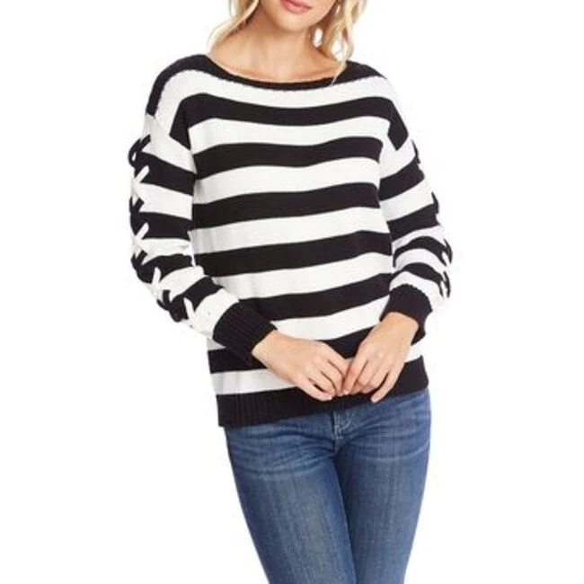 Cece Women's Striped Long Sleeve Boat Neck Sweater Black/White Size X Large