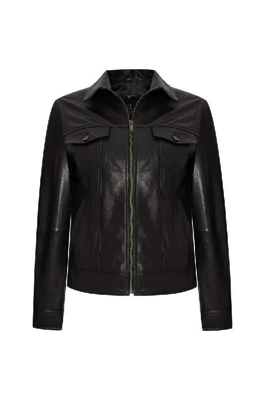 Neri Women's Trucker Leather Jacket - Black