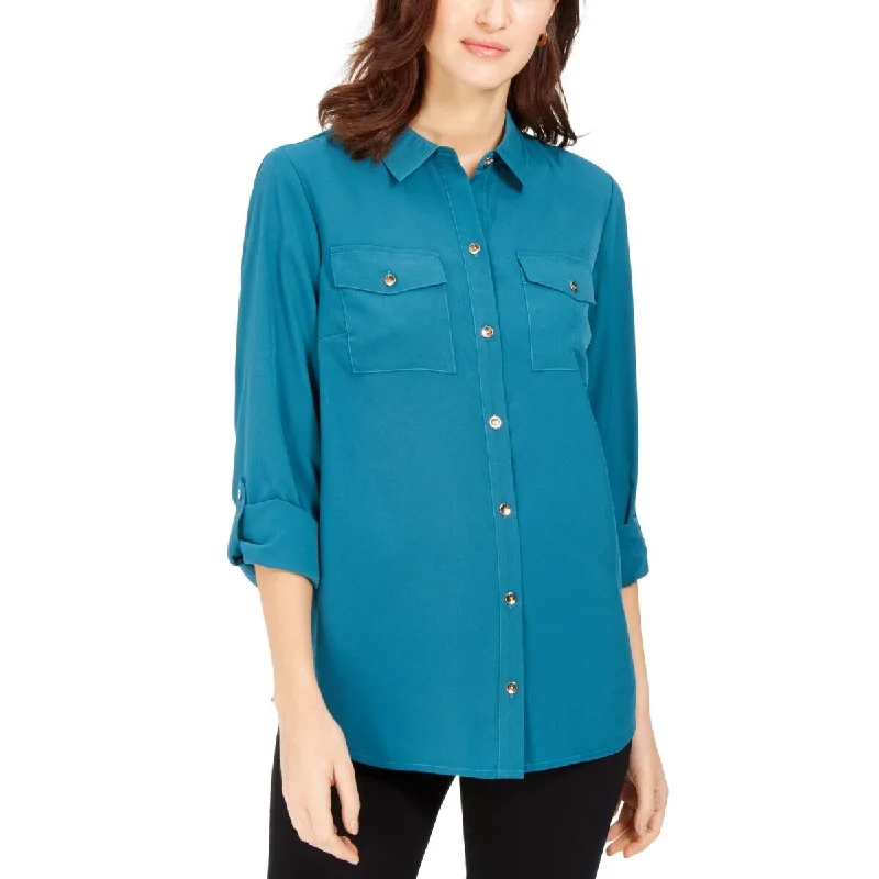 Charter Club Women's Two-Pocket Shirt Blue Size Small