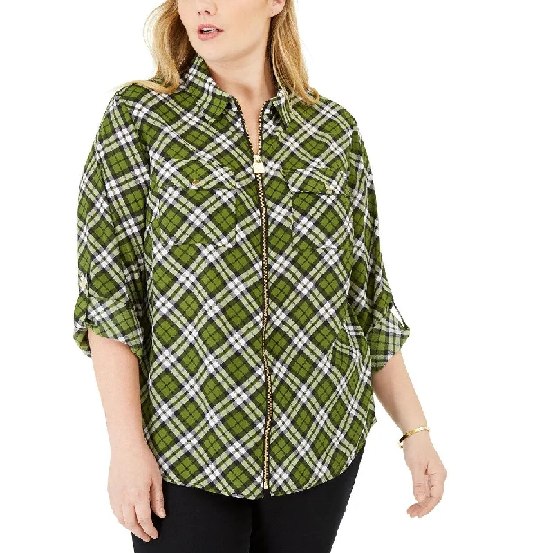 Michael Kors Women's Plus Bias Plaid Dog Tag Shirt Green Size 3X