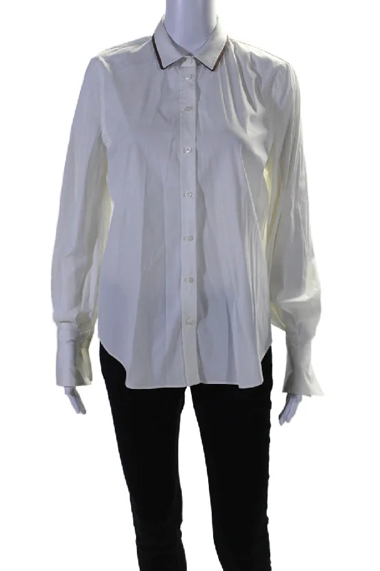 Brunello Cucinelli Womens Long Sleeves Rhinestone Button Down Shirt White