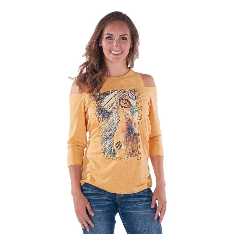 Cowgirl Tuff Western Shirt Womens 3/4 Cold Shoulder Gold 100335