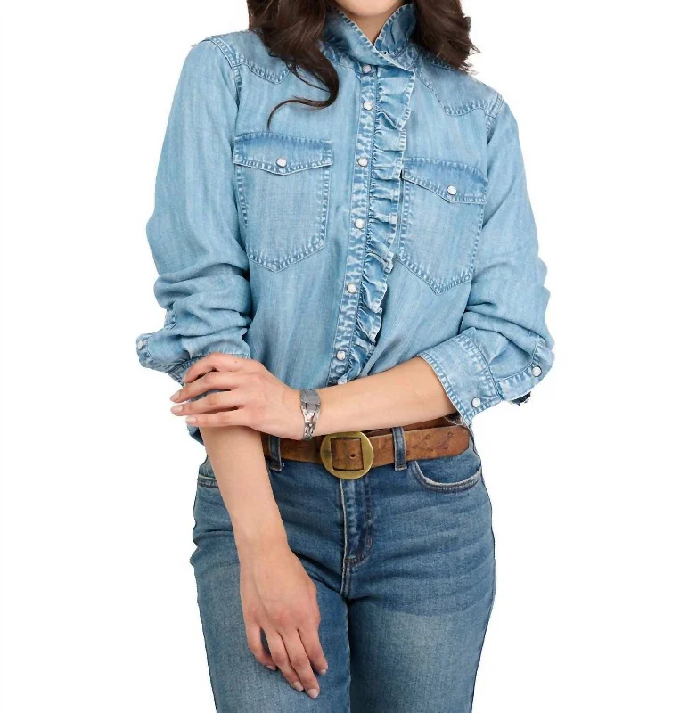 Denim Ruffled Snap Shirt In Indigo