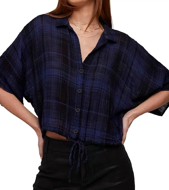 Flowy Tie Waist Shirt In Admiral Blue Plaid