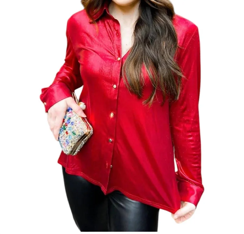 Halo Holographic Button Up Shirt In Red Tinsel