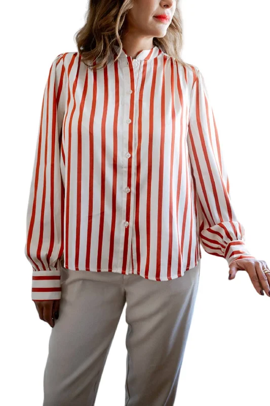 Long Sleeve Button Down Shirt In Cream And Rust Stripe