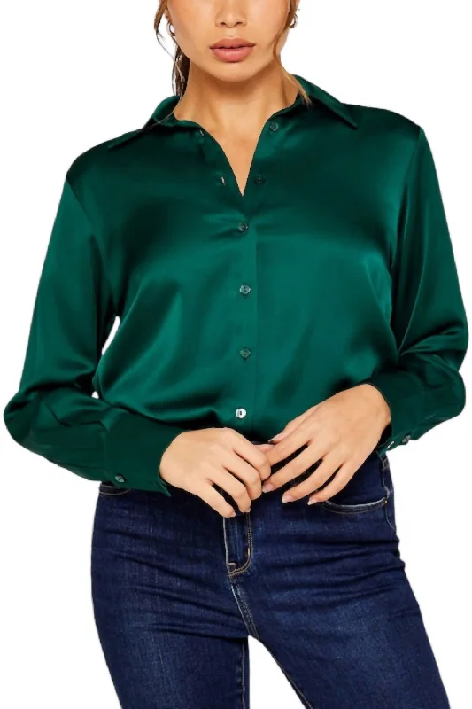 Long Sleeve Satin Button Down Shirt In Emerald