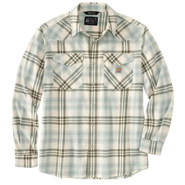 Montana Rugged Flex Relaxed Fit Lightweight Snap-Front Plaid Shirt - Patina