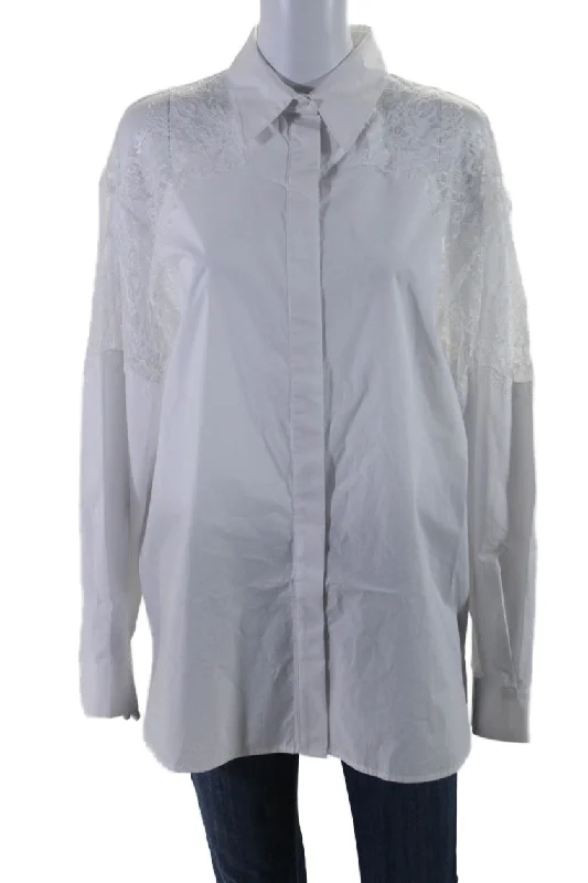 Pinko Womens White Cotton Lace Trim Collar Long Sleeve Button Down Shirt