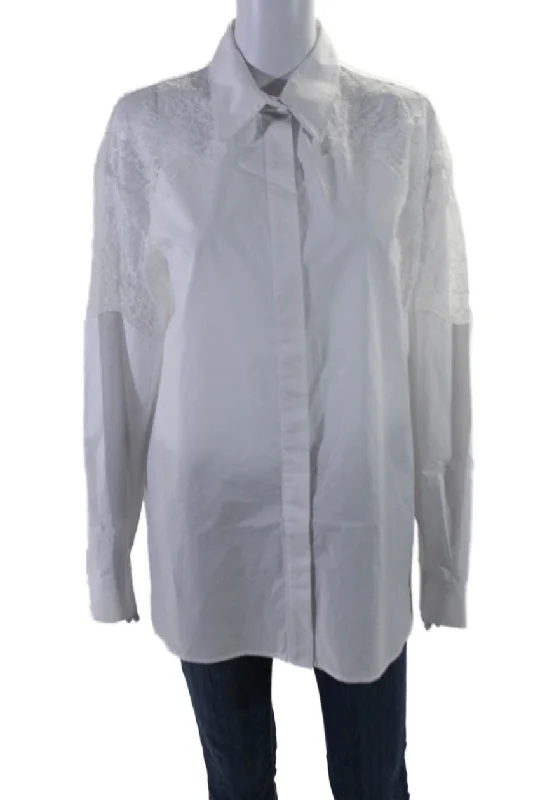 Pinko Womens White Cotton Lace Trim Collar Long Sleeve Button Down Shirt