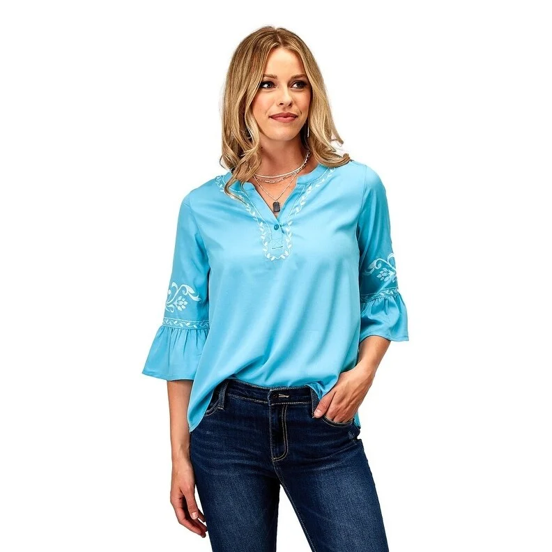 Roper Western Shirt Womens 3/4 Sleeve Blouse Blue 03-050-0565-3076 BU