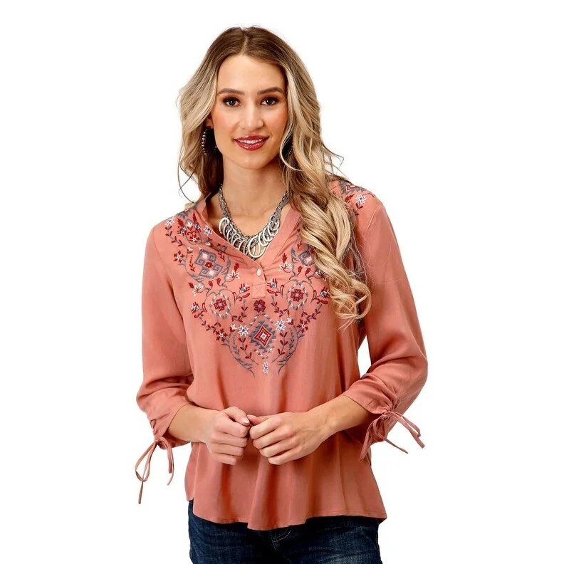 Roper Western Shirt Womens 3/4 Sleeve Coral 03-050-0565-7074 RE