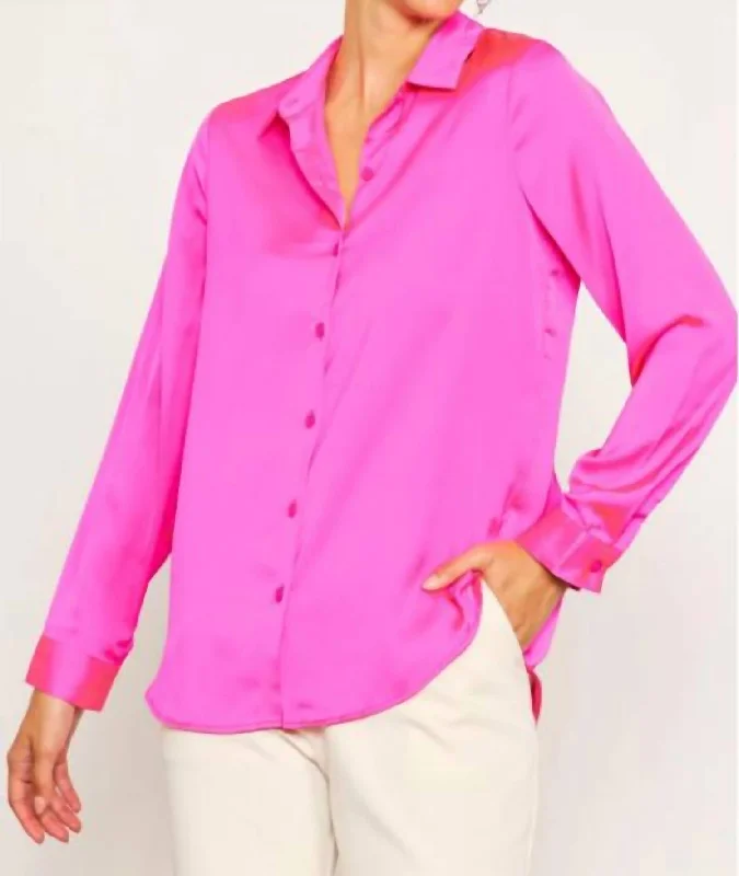 Satin Classic Button Down Shirt In Pretty In Pink