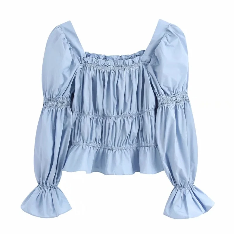 New 2020 women fashion square collar pleated smock Shirts blouses wome flare sleeve ruffles roupas femininas chic tops LS6492