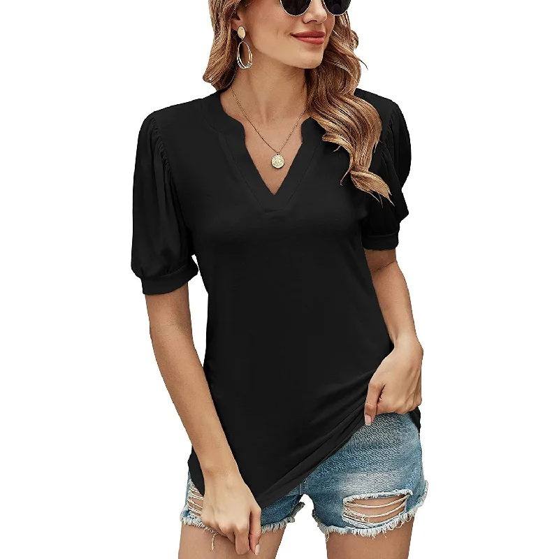 Romanstii Women Casual V-neck T-Shirts Loose Puff Short