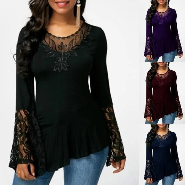 Women Casual Irregular T-shirt with Long-sleeved Lace Stitching Plus Size Shirts