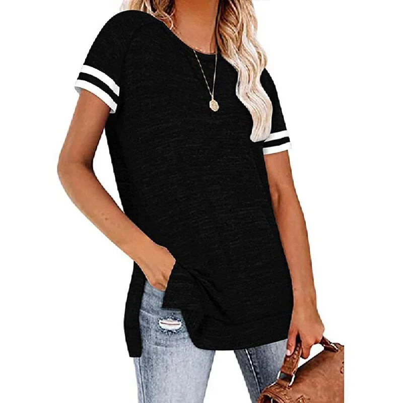 Womens Casual Tunic Tops Short Sleeve Crewneck Side Split Color Block T-Shirt