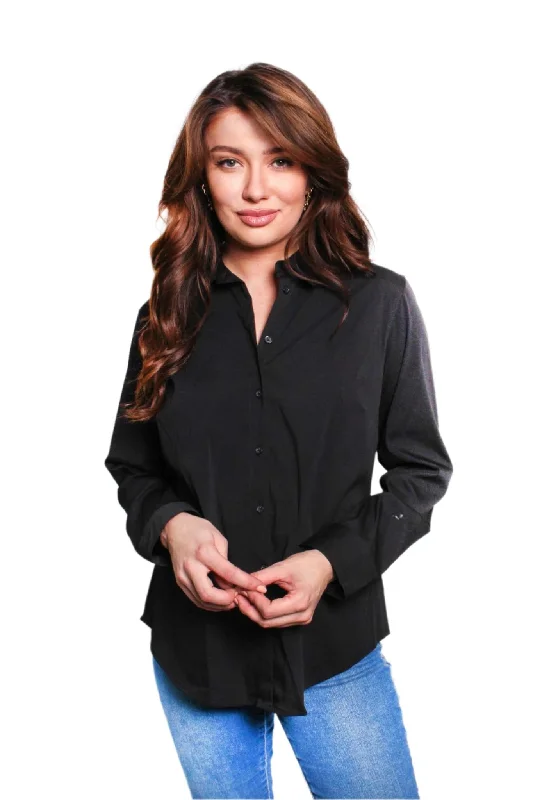 Women's Long Sleeve Button Down Collared Solid Top