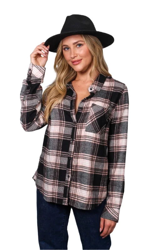 Women's Long Sleeve One Pocket Plaid Top