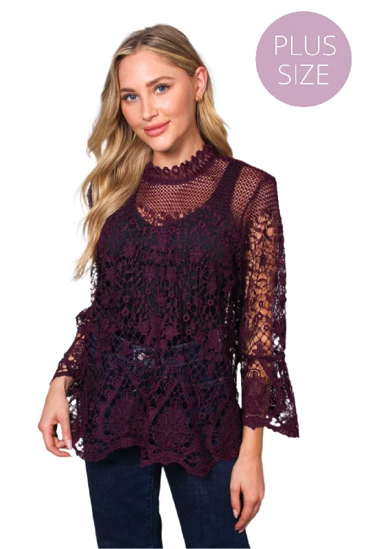 Women's Plus Long Sleeve Zip Up Lace Embroidered Top