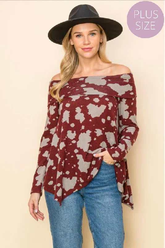 Women's Plus Long Sleeve Off Shoulder Printed Top