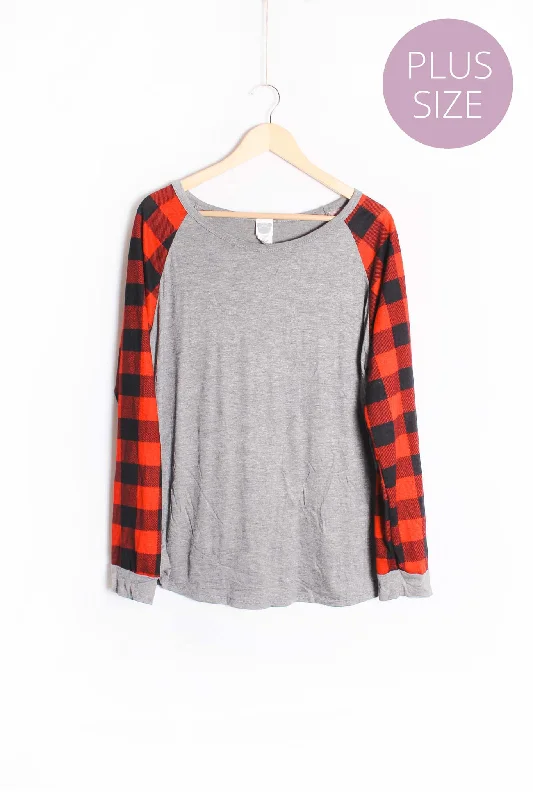 Women's Plus Plaid Long Sleeve Boat Neck Top