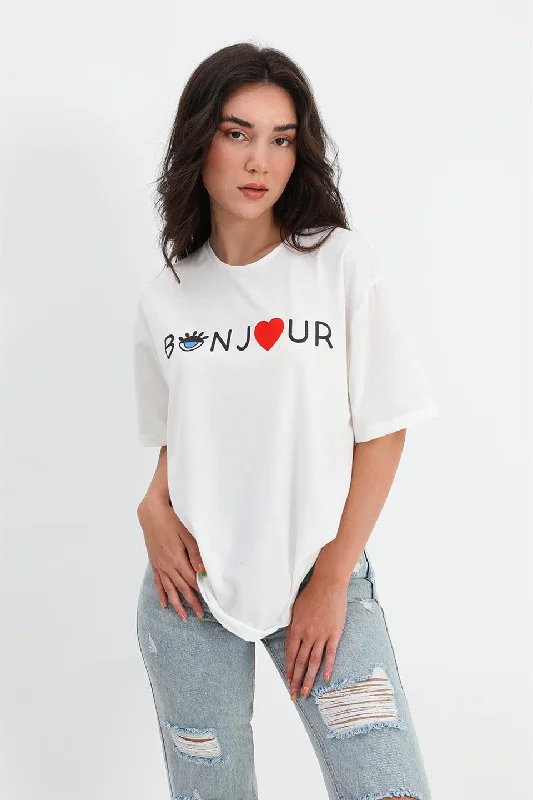 Women's T-shirt Crew Neck Bonjour Written - White