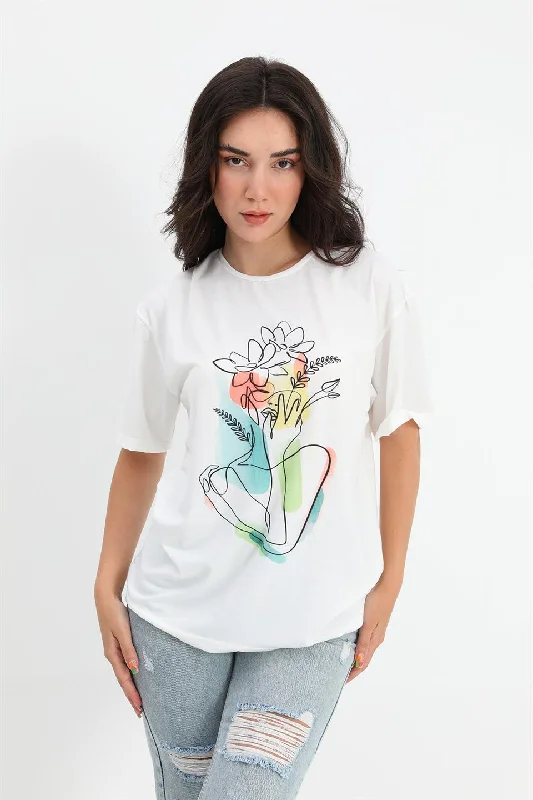 Women's T-shirt Crew Neck Floral Pattern - Ecru