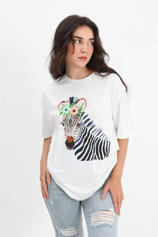 Women's T-shirt Crew Neck Zebra Pattern - Ecru