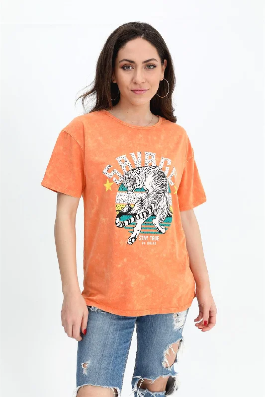 Women's T-shirt Washed Fabric Crew Neck - Orange