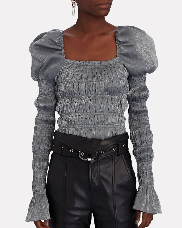 Delilah Metallic Weave Long Sleeve Ruched Slate Top In Silver