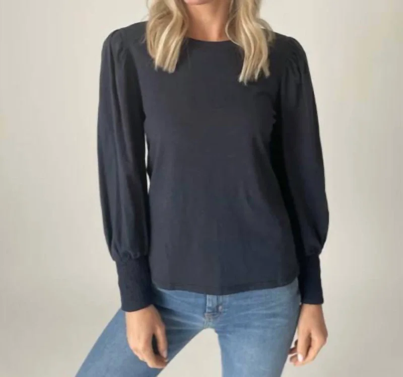 Erika Long Sleeve Puff Shoulder Top In Navy